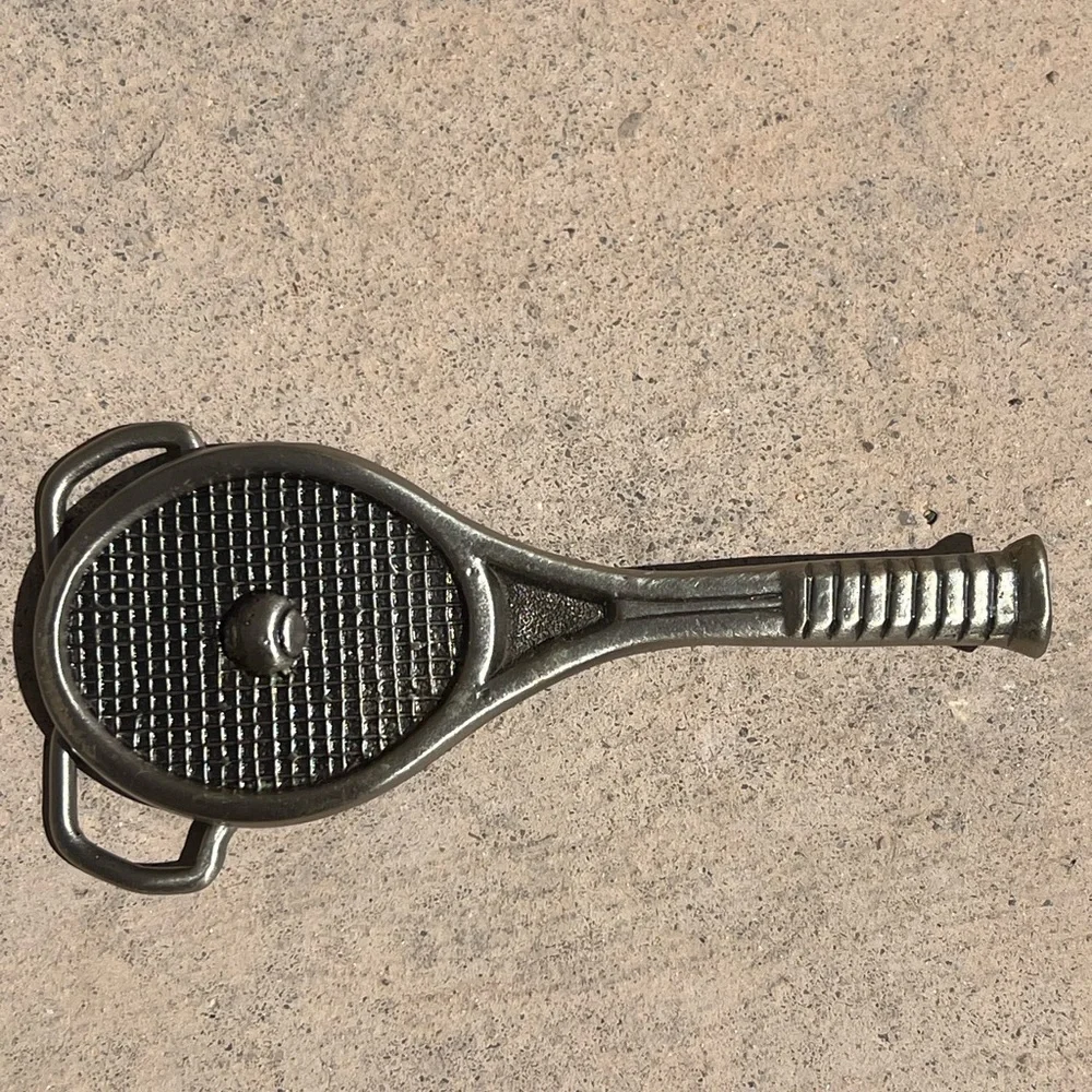 Tennis Racket with Ball Belt Buckle in silver tone